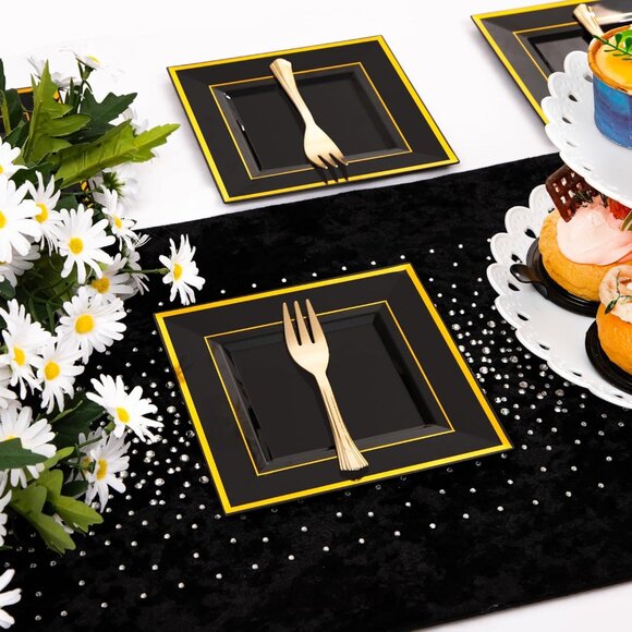 200PCS Black and Gold Plastic Dessert Plates with Plastic Forks -6’’ 100 Square - Picture 7 of 7